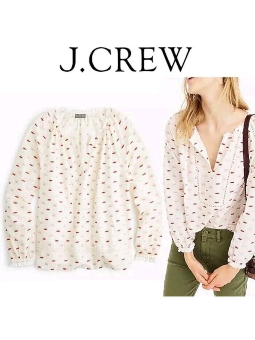 Point Sur J. Crew Size Small Ruffle Neck Popover Metallic Clip Dot Blouse